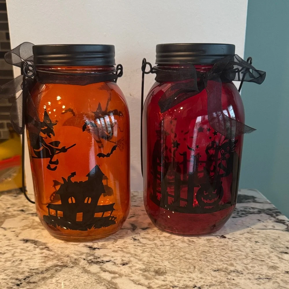 Spooky Halloween Glass Lantern Set - Black Accents